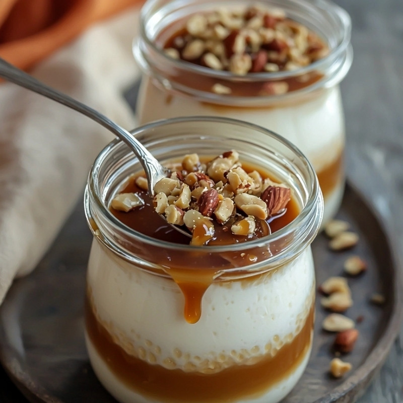 Easy caramel nut dessert jars in glass jars with a spoon digging into the top layer of caramel and nuts.