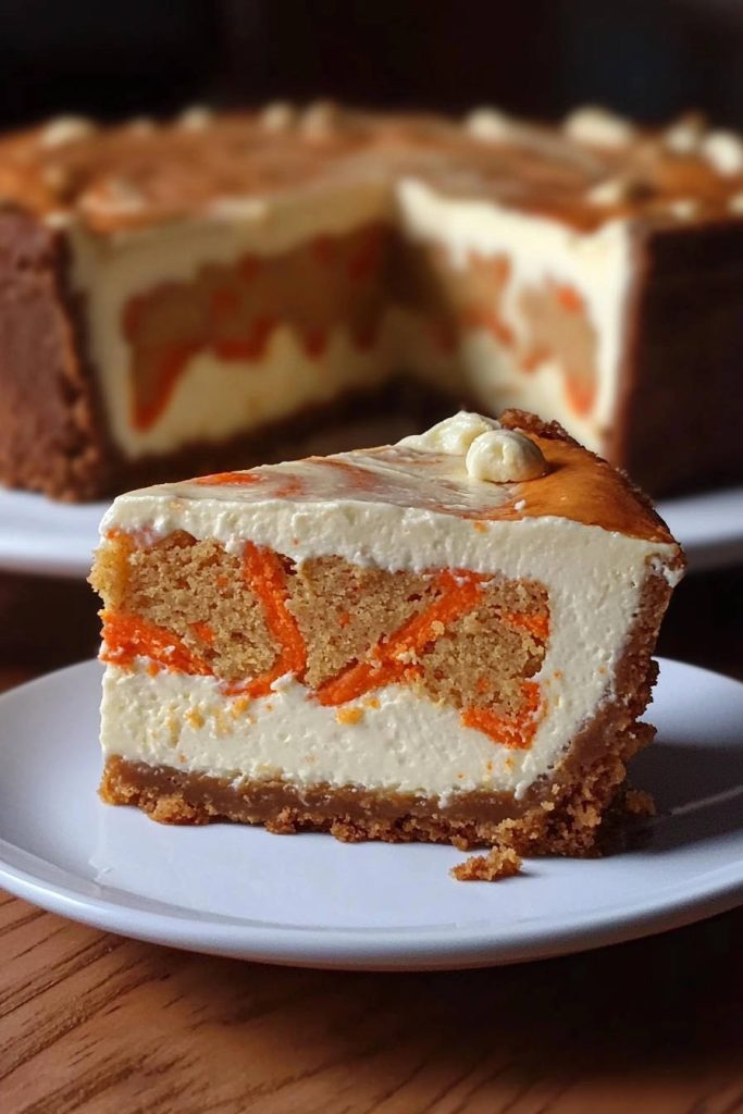 Carrot cake cheesecake recipe shown as a close-up slice revealing its cross-section with orange swirls.