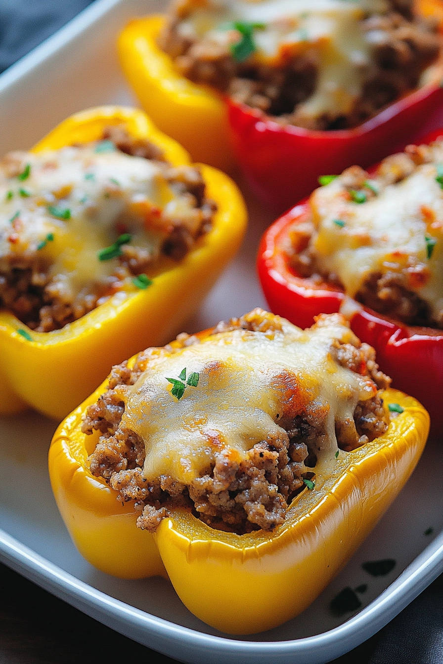 Cheesy beef stuffed peppers with a close-up view of melted cheese and a sprinkle of parsley garnish.