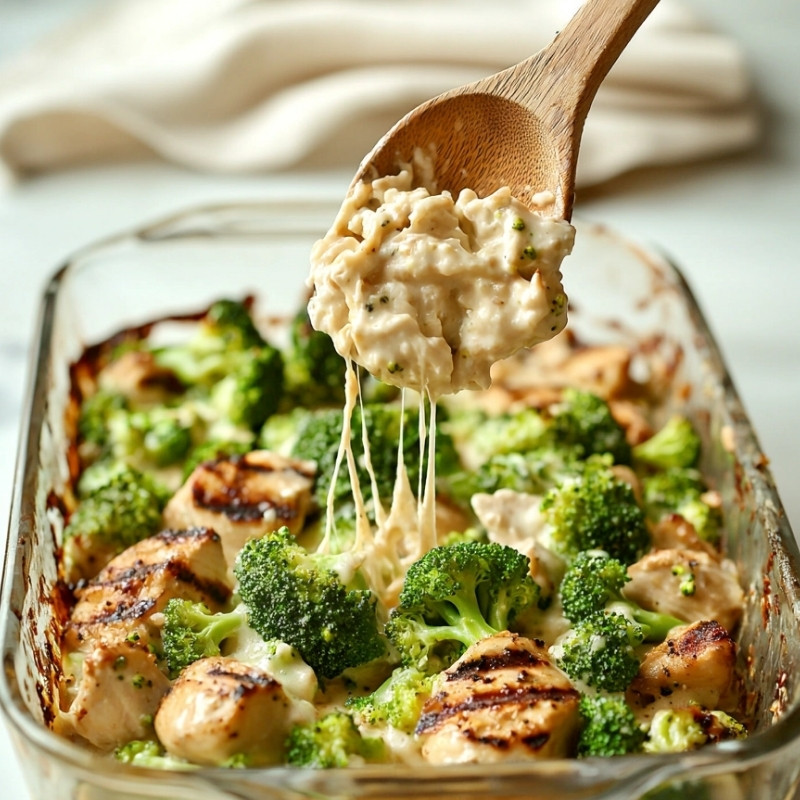 Cheesy chicken and broccoli casserole being scooped with a wooden spoon, showing melted cheese strings.