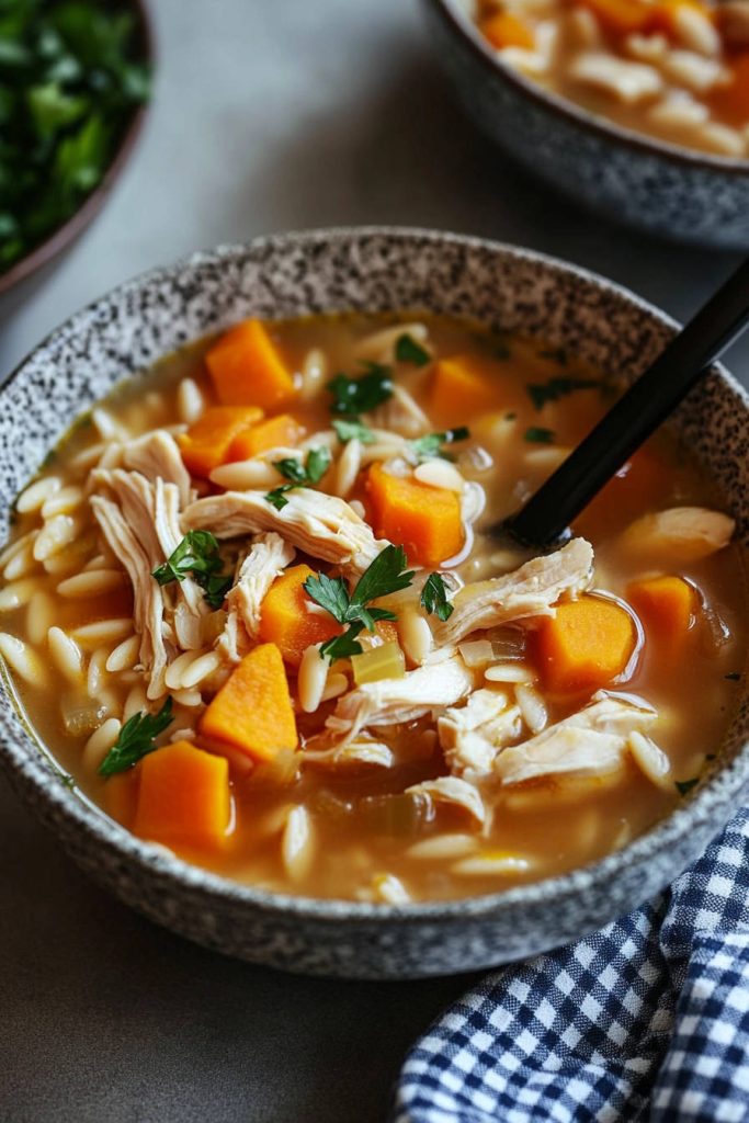 Chicken orzo soup with golden broth served in a patterned bowl, featuring a close-up view of shredded chicken and carrots.