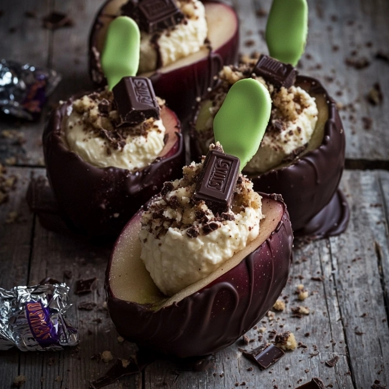Chocolate covered apple dessert cups with creamy filling, topped with chocolate and nuts, shown in a close-up view.