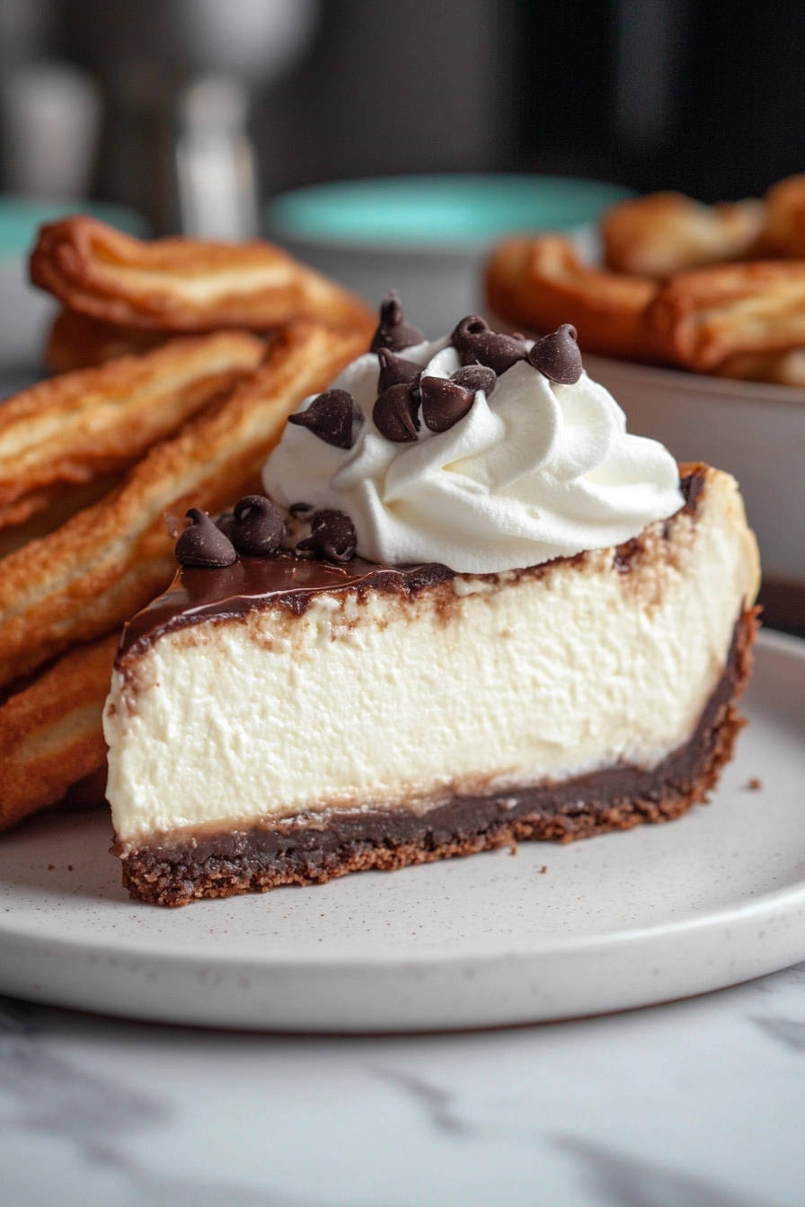 Chocolate Dream Cheesecake: a decadent slice topped with whipped cream and chocolate chips, served with churros.