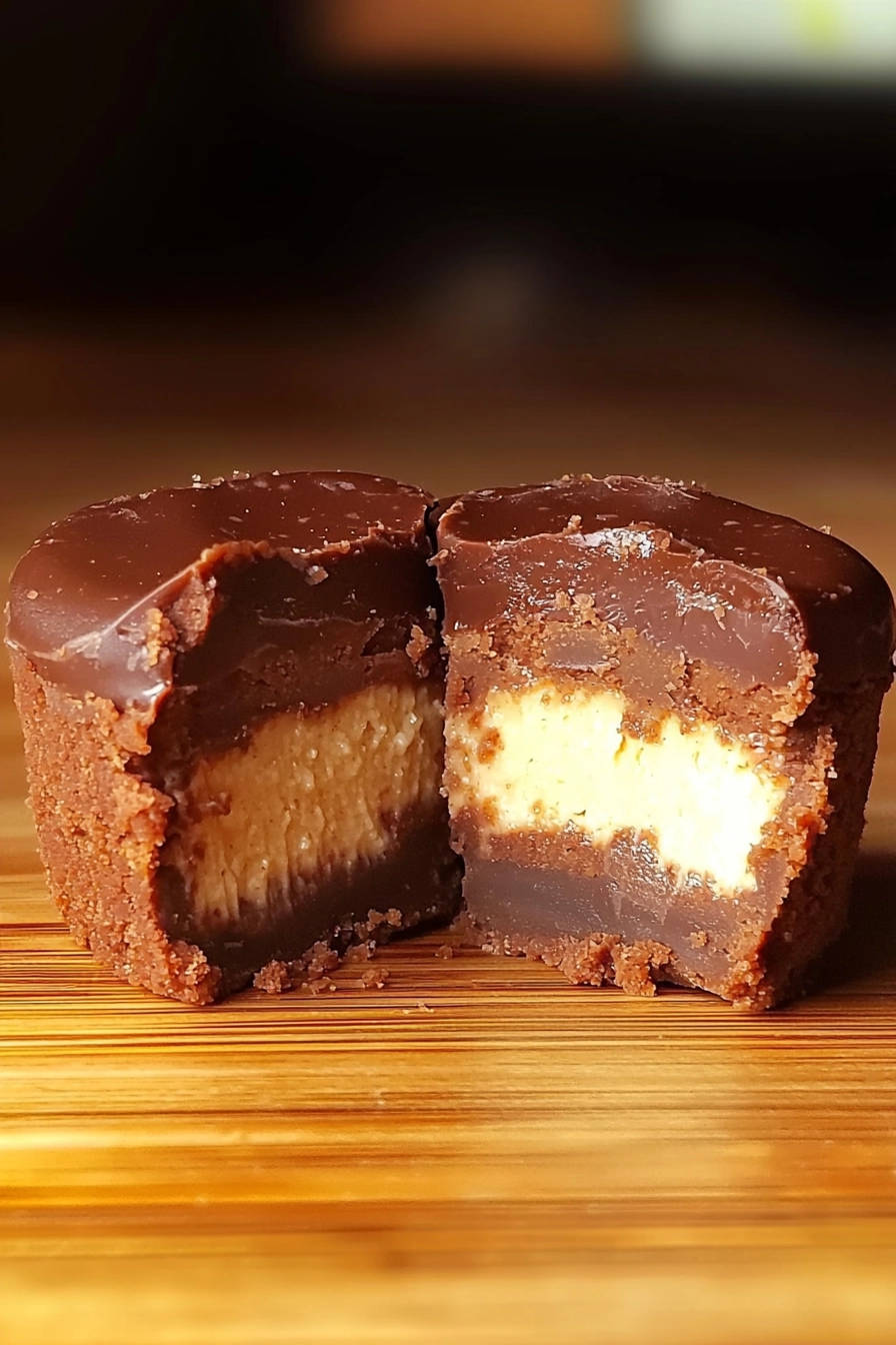 Chocolate peanut butter dream cups cross-section showing layers of chocolate and creamy peanut butter filling.