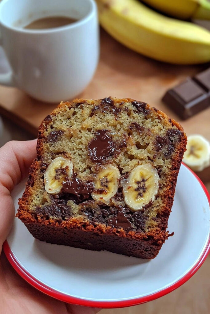 Chocolate river banana bread recipe shown in a close-up cross-section with melted chocolate and banana slices.