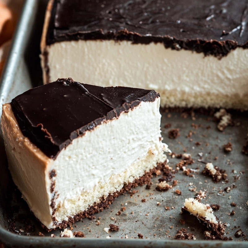 Decadent chocolate topped cream cake presented as a close-up cross-section showing the layers of cake and cream.