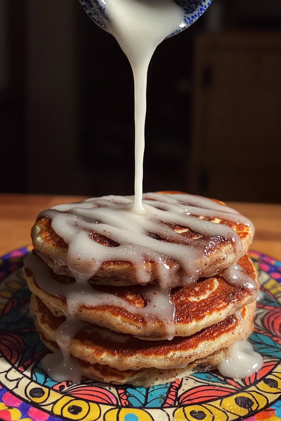 Cinnamon swirl pancakes with vanilla dream drizzle being poured from a bowl, creating a rich glaze.