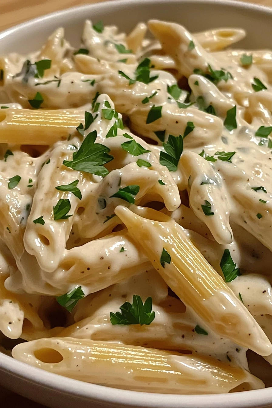 Creamy Cashew Dream Sauce Penne Pasta with fresh parsley garnish in a close-up view.