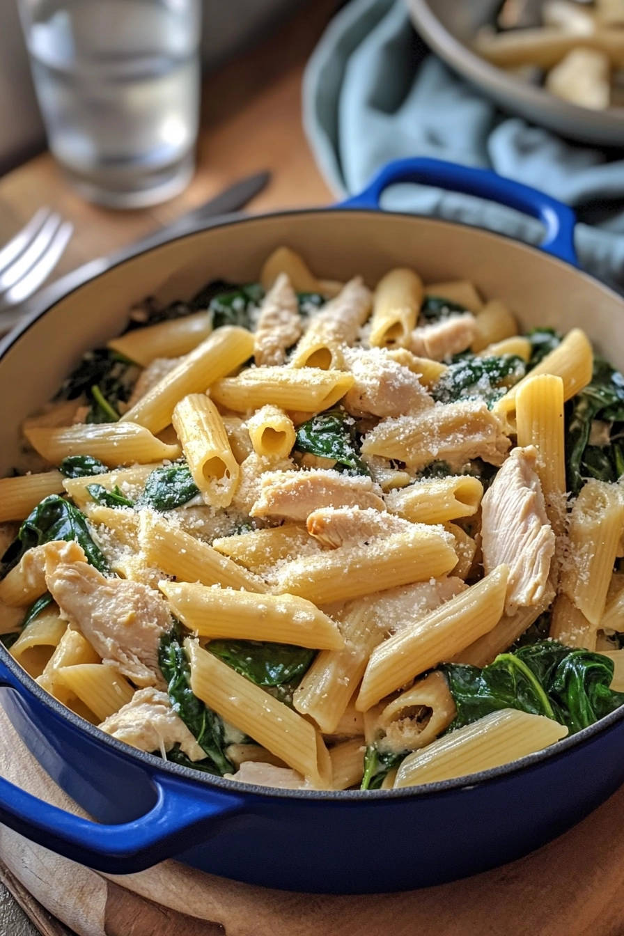 Creamy chicken penne recipe served in a blue Dutch oven, showcasing the rich sauce and tender pasta.