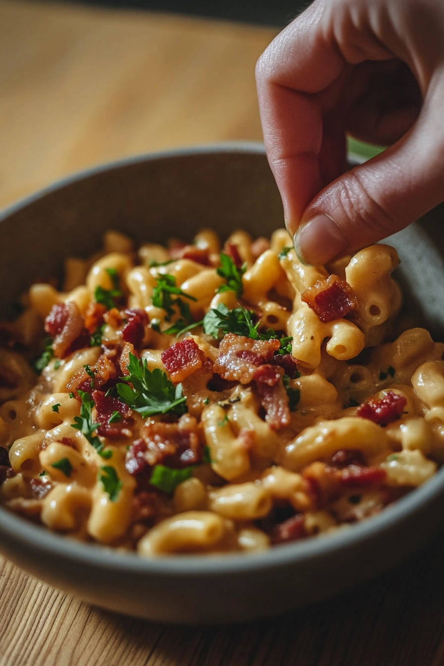 Creamy mac & cheese with candied beef bliss, with a hand picking up a forkful of pasta.