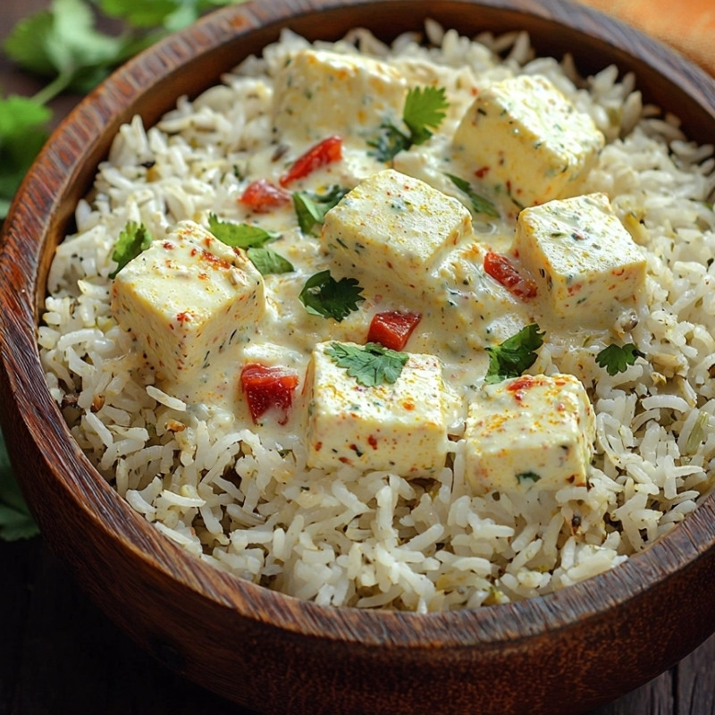 Creamy paneer rice bowl served in a wooden bowl, showing cubes of paneer in a rich sauce over rice.