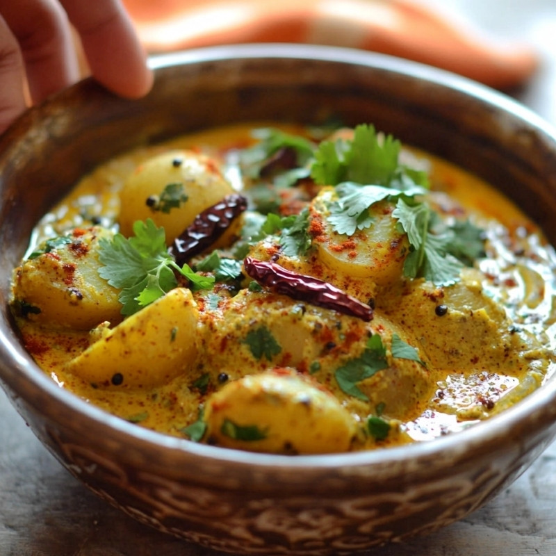 Creamy spiced potatoes served in a rustic bowl, garnished with fresh cilantro and dried chilies.