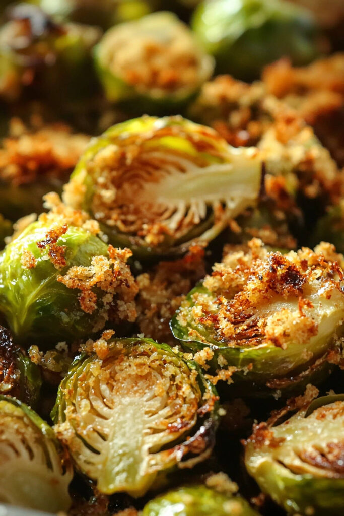 Crispy roasted Brussels sprouts recipe showing a close-up cross-section of the halved vegetables with breadcrumb topping.