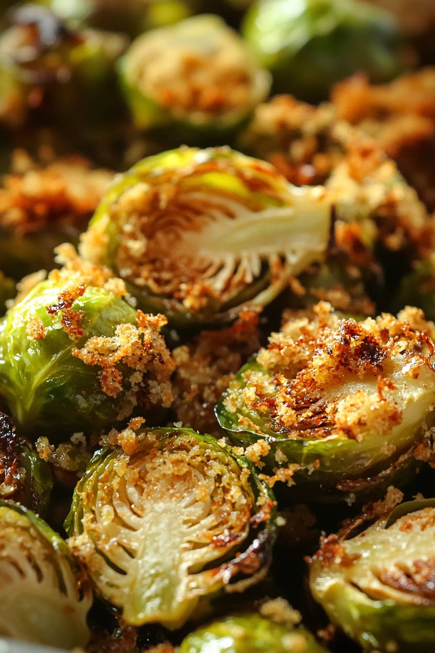 Crispy roasted Brussels sprouts recipe showing a close-up cross-section of the halved vegetables with breadcrumb topping.