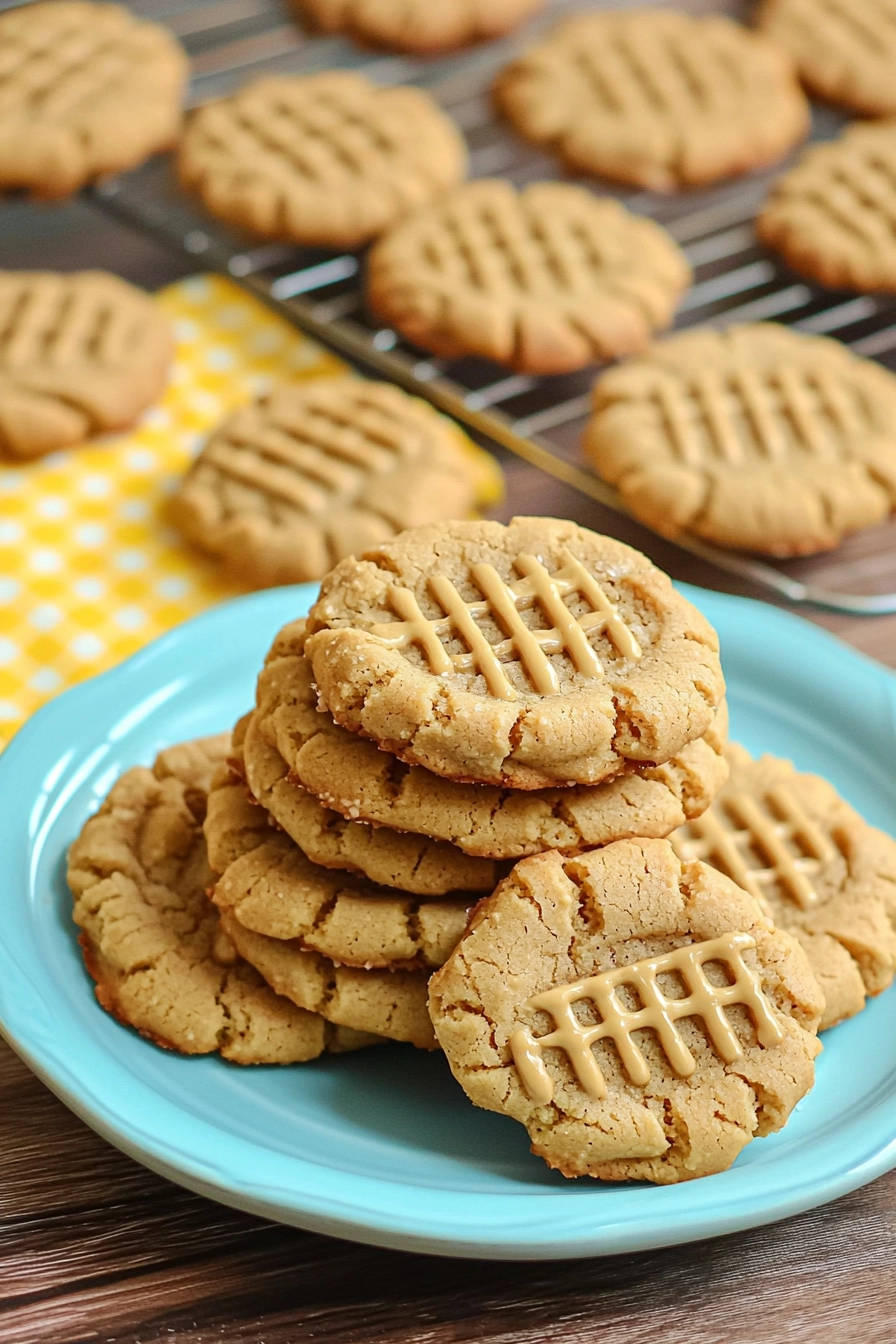 Easy peanut butter cookies recipe stacked on a blue plate with drizzled topping.