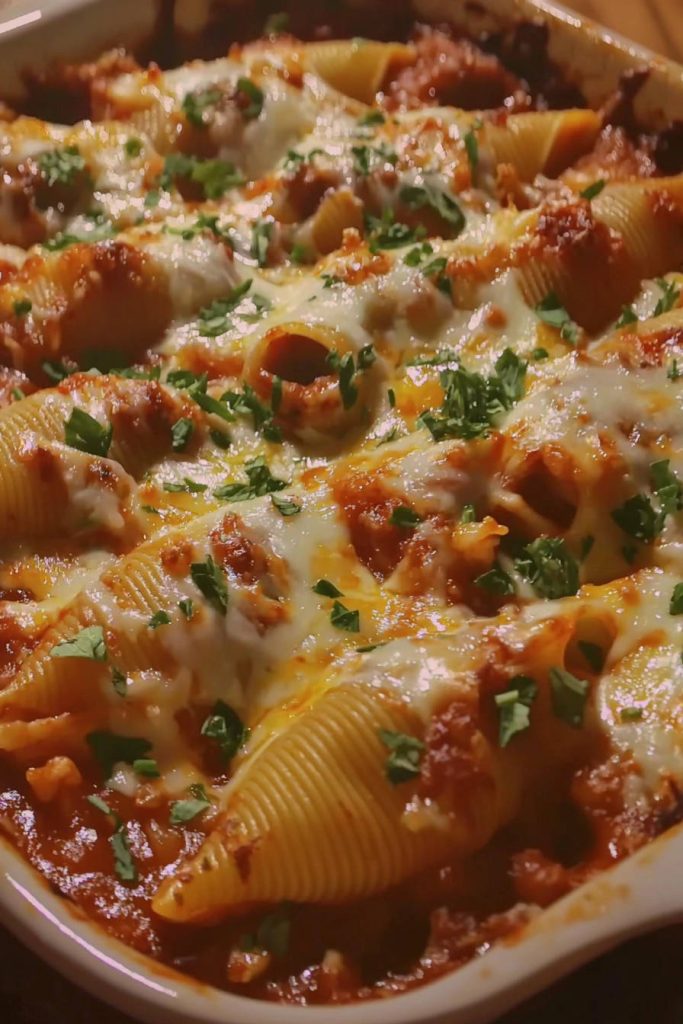 Giant stuffed shells recipe baked in a white dish, covered in melted cheese and fresh parsley garnish.
