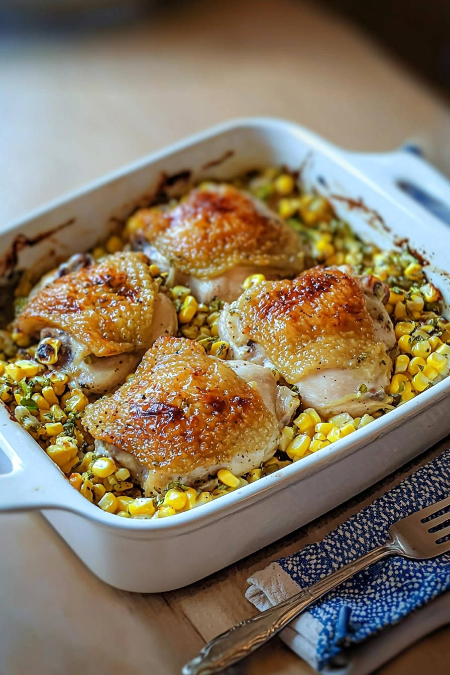 Golden chicken recipe with sweet corn elixir shown in a white baking dish, overhead view.