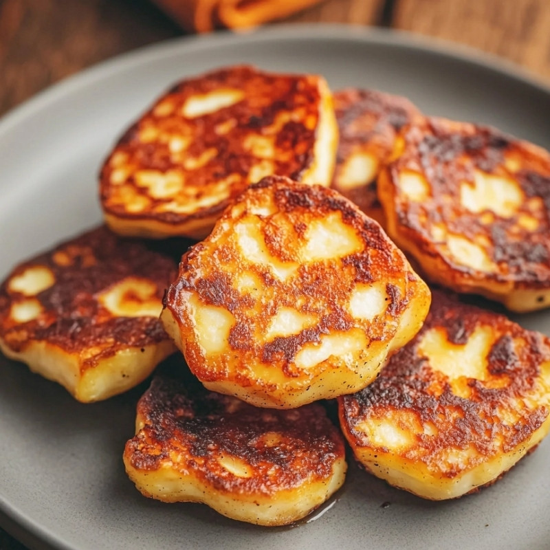 Golden cottage cheese fritters are piled high on a grey plate, showcasing their slightly browned and textured surface.