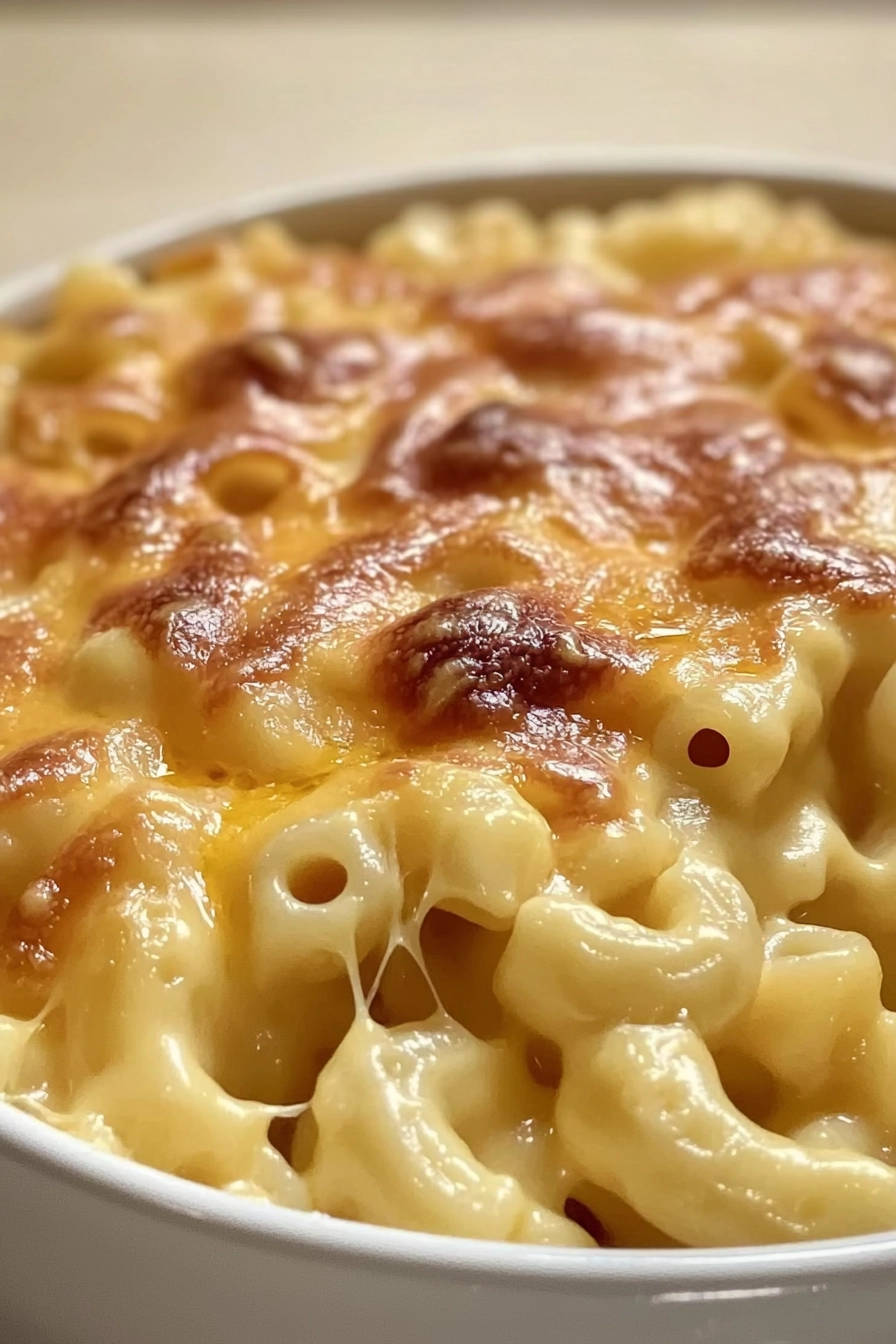 Golden crust mac & cheese with a gooey cheese pull, showcasing its baked bubbly topping and tender pasta.