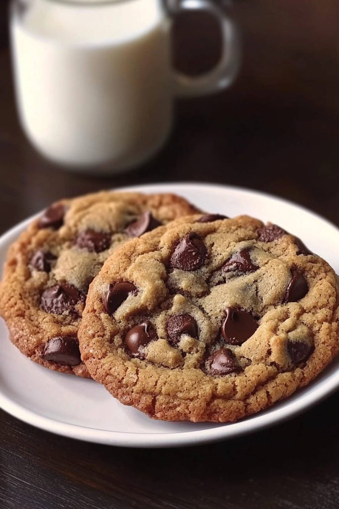 Golden edge chocolate chip cookies close-up on a white plate with a pitcher of milk in the background.