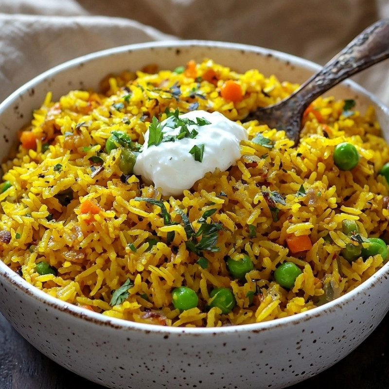 Golden vegetable rice pilaf topped with a dollop of yogurt and fresh parsley garnish in a rustic bowl.