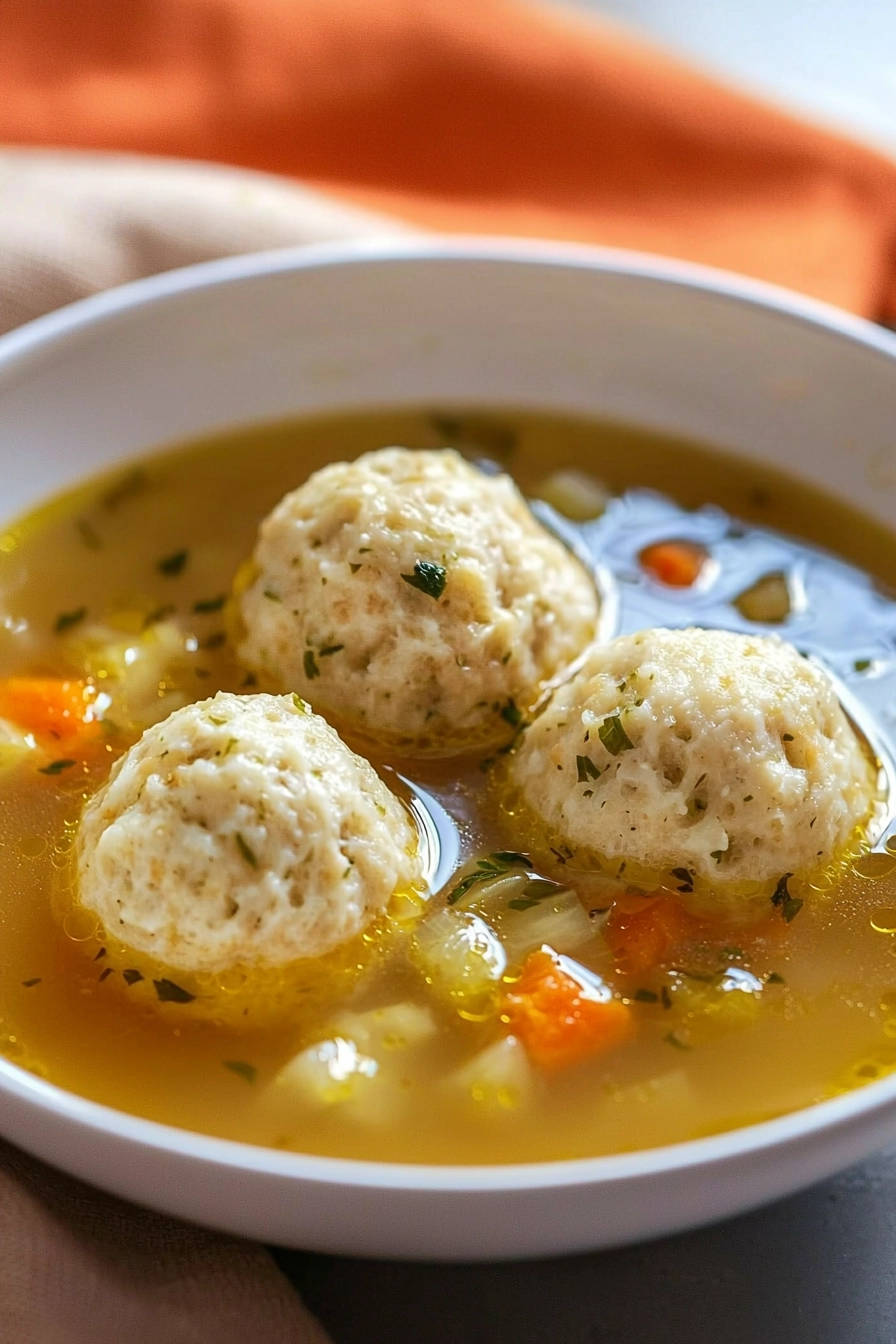 Grandma's Matzo Ball Soup featuring three fluffy matzo balls swimming in a savory broth with visible carrots.