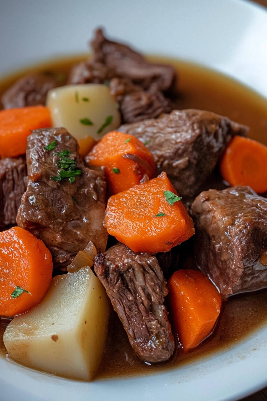 Hearty beef stew with tender chunks of beef, carrots, and potatoes in a rich broth.
