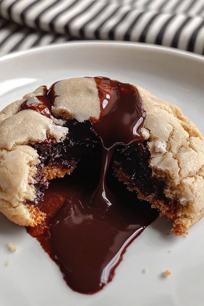 Lava cookies recipe black velvet cross-section showing molten chocolate oozing from the center.