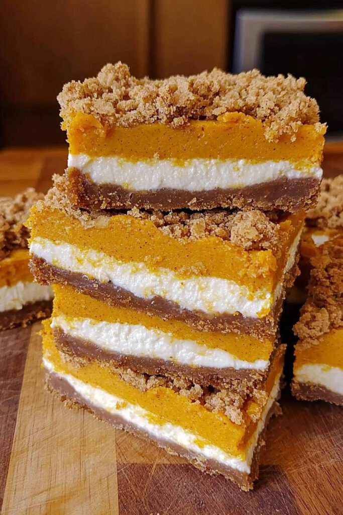 Layered pumpkin dream bars with whisper crumble topping shown in a close-up cross-section revealing multiple layers of pumpkin and cream cheese.