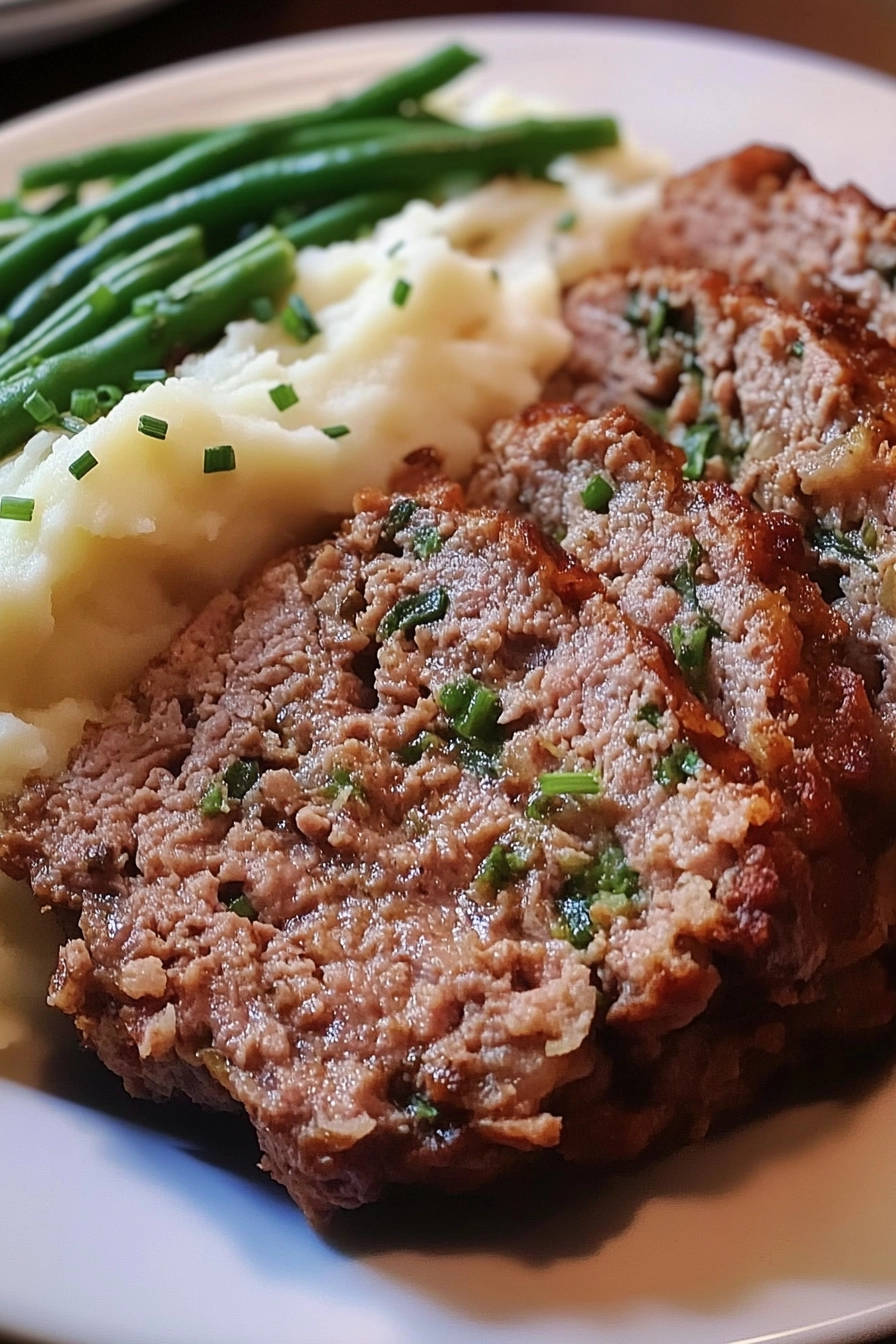 Mom's Meatloaf Recipe with an umami glaze, shown in a close-up cross-section with mashed potatoes and green beans.