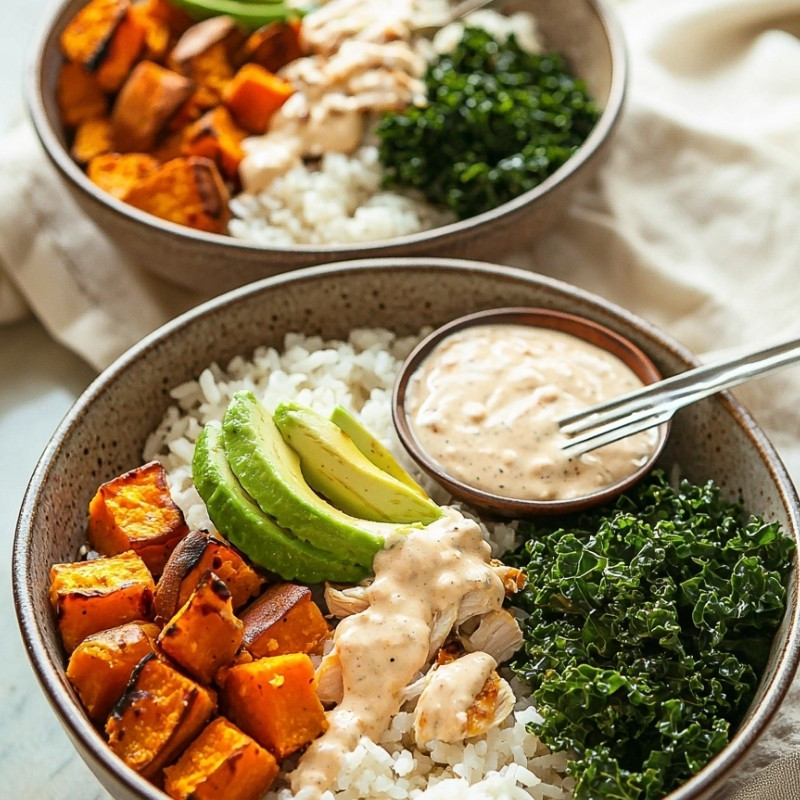 Roasted sweet potato and chicken power bowl recipe shown in an overhead view with a close-up detail of the ingredients in the bowl.