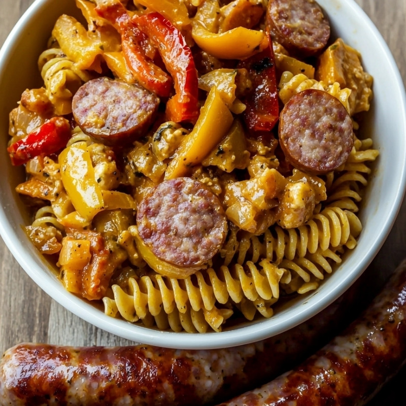 Sausage and bell pepper pasta served in a white bowl, showcasing a close-up view of the fusilli pasta and sliced sausage.