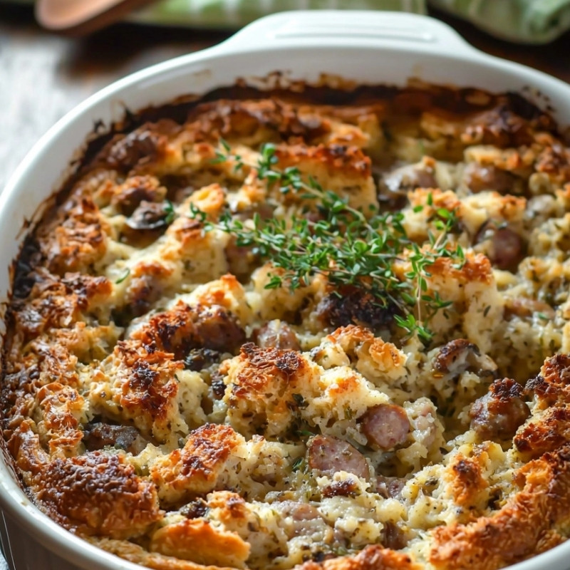 Savory sausage and bread bake, a comforting casserole garnished with fresh thyme sprigs in a white baking dish.