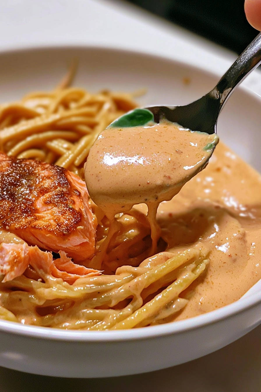 Seared salmon sundrenched tomato cream pasta with a spoonful of creamy sauce and pasta being lifted.