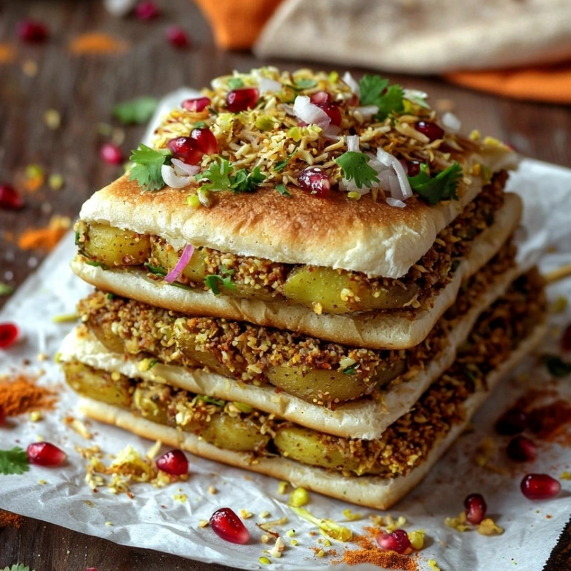 Spiced potato stack sandwich, a flavor explosion, shown in a stacked layered view with garnishes on top.