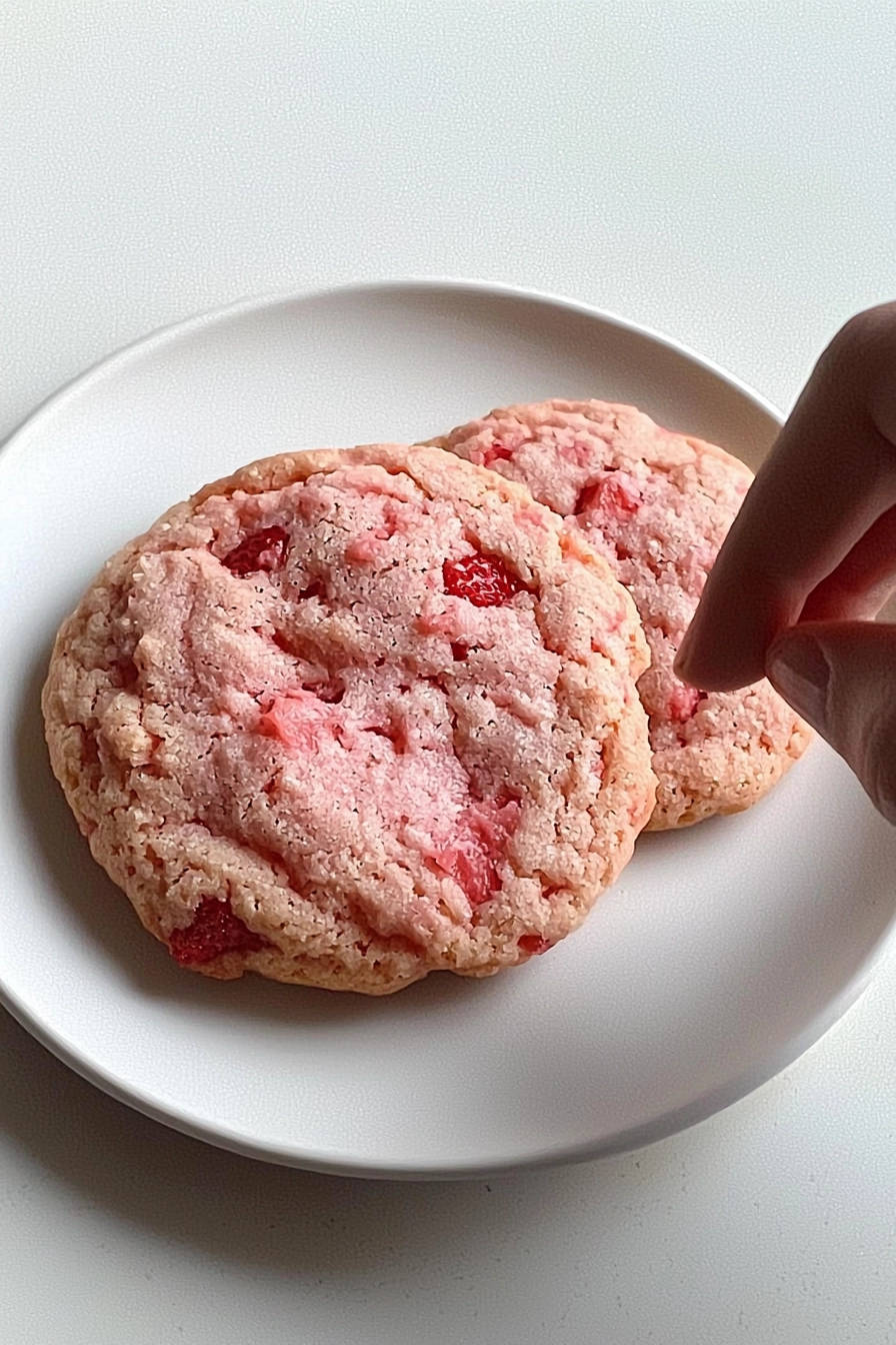 Strawberry Dream Cookies plated on a white dish with a hand reaching for one cookie.