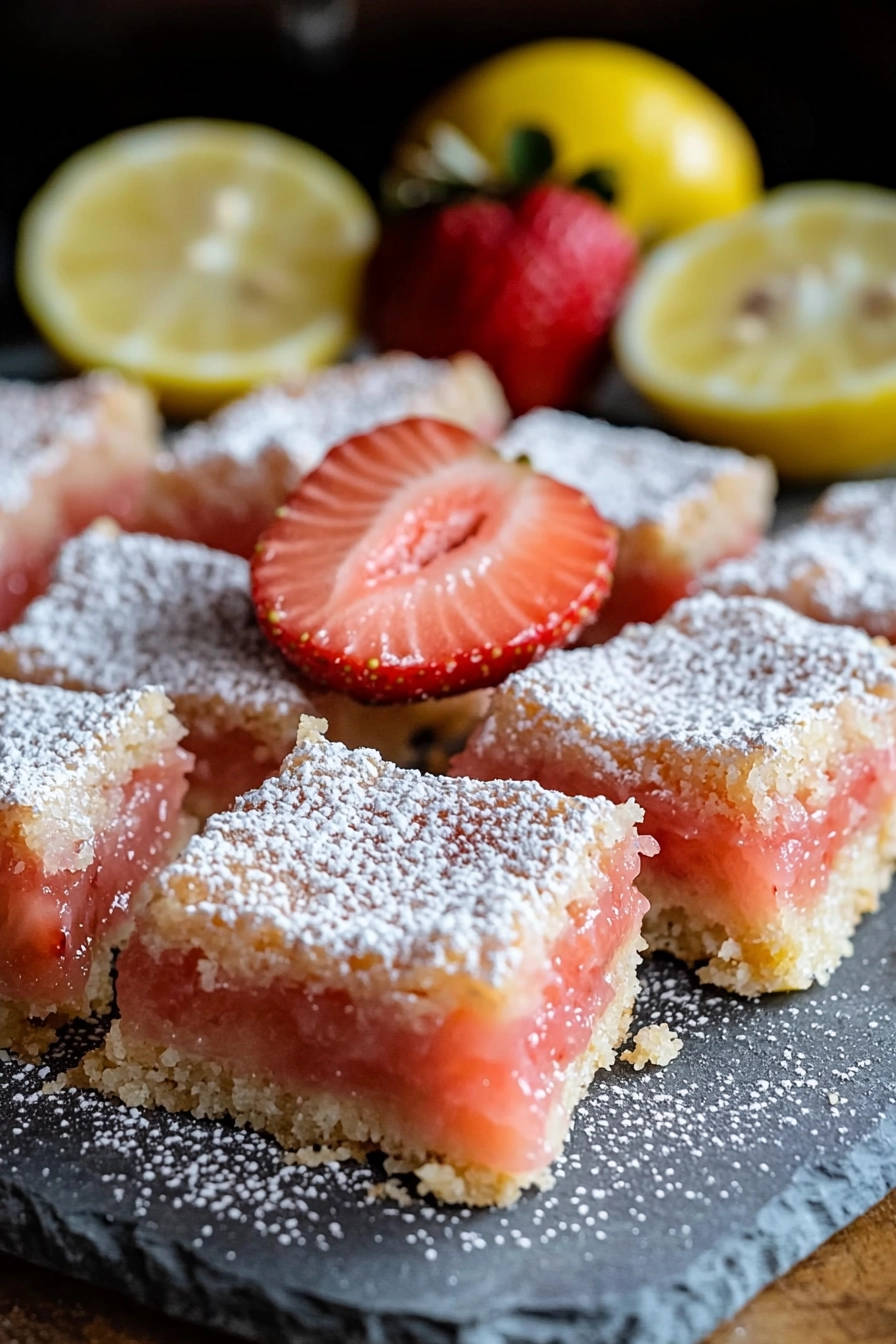 Strawberry lemon bars with a close-up cross-section showing the fruit filling and powdered sugar topping.