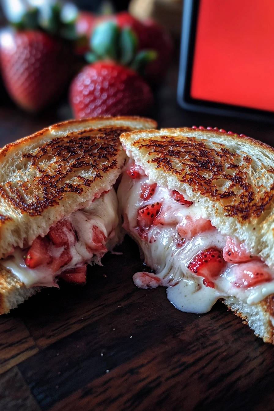 Strawberry melt cross-section showing gooey cheese and fresh strawberries, a sweet and savory delight.