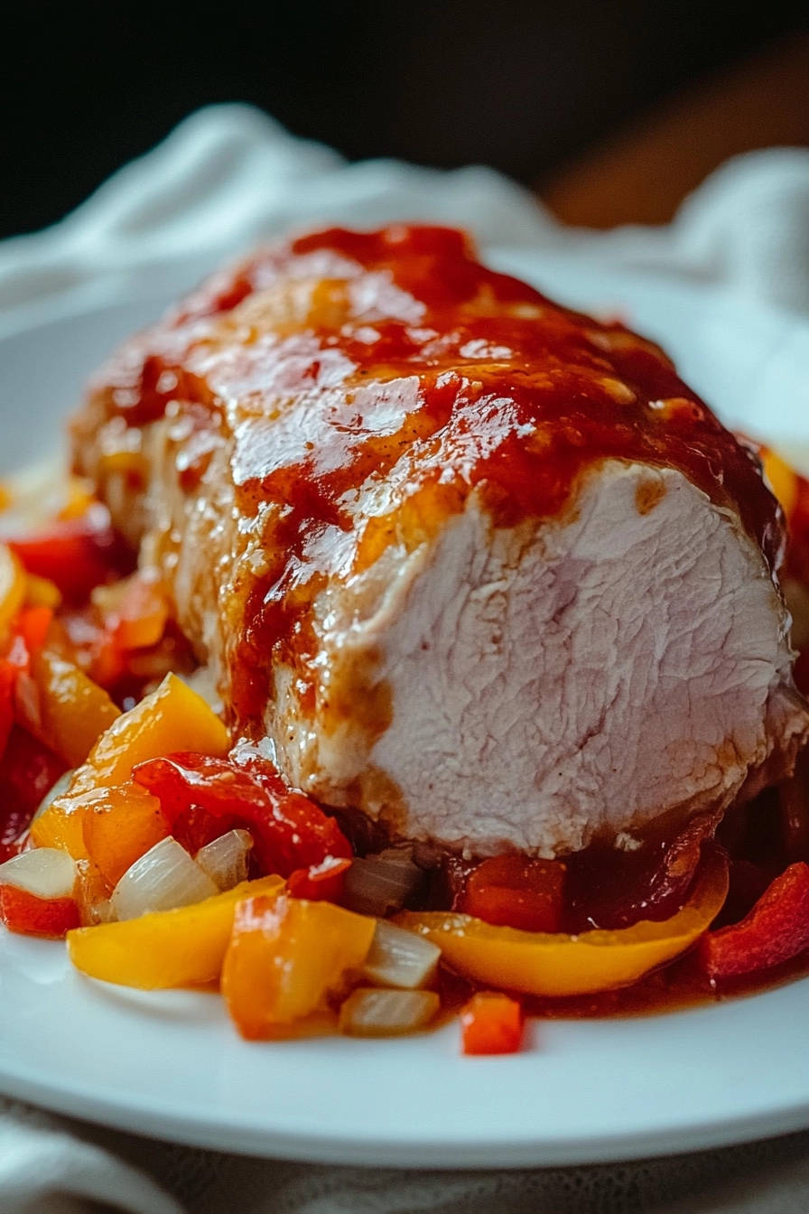 Tangy sunset glazed roasted chicken revealed in a close-up cross-section showing tender meat and vibrant vegetables.