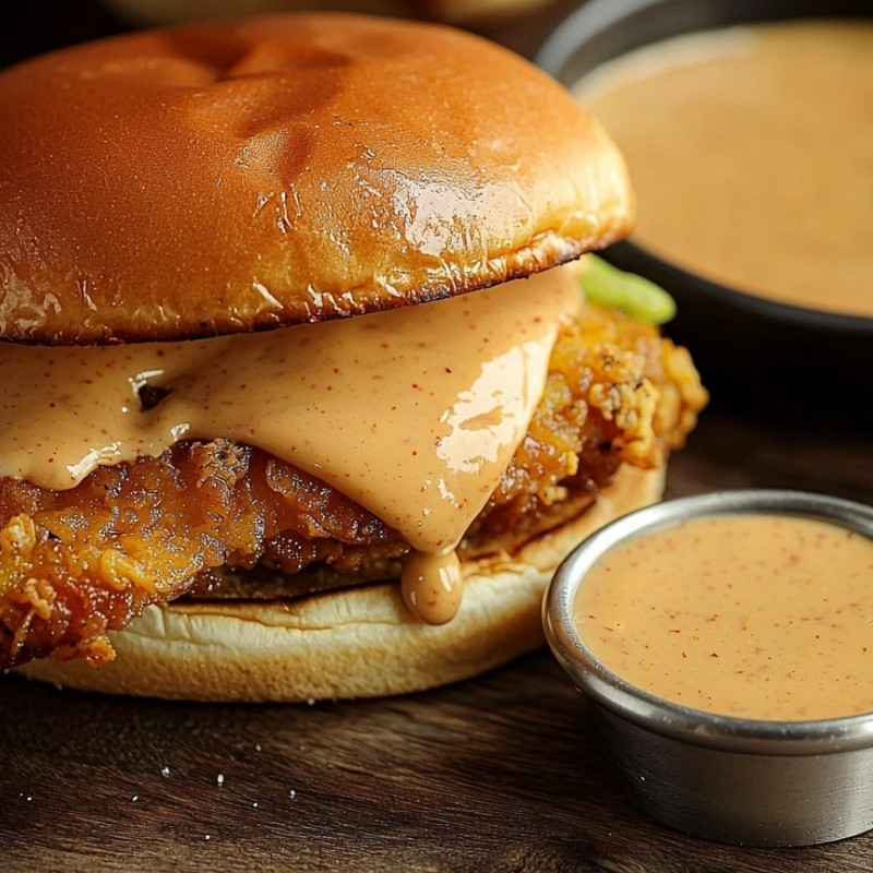 Ultimate crispy chicken sandwich with special sauce, showing a close-up of the dripping sauce and golden bun.