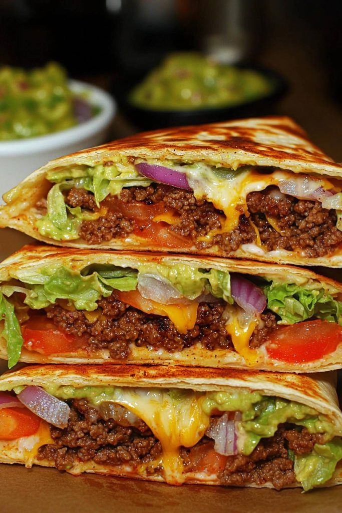 The ultimate quesadilla, shown in a stacked cross-section revealing its savory ground beef and fresh toppings.