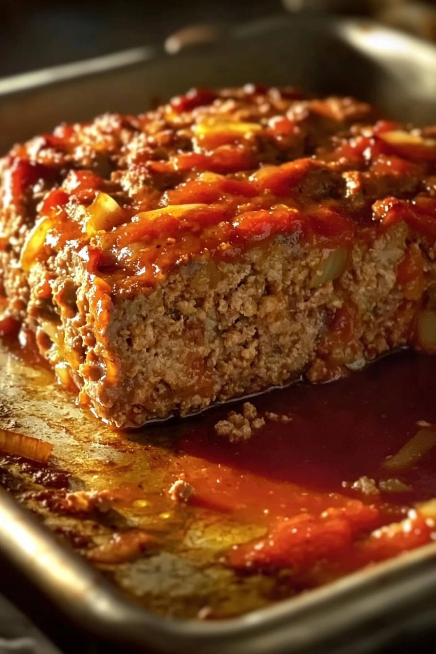 Umami meatloaf with a sun-kissed glaze, shown in a close-up cross-section revealing its moist interior and rich sauce.