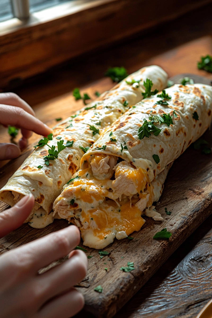 Cheesy chicken burritos with gooey melted cheese spilling out, garnished with parsley.