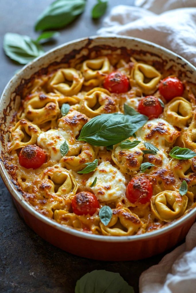 Cheesy tortelloni bake baked in a round dish, topped with cherry tomatoes and fresh basil leaves.