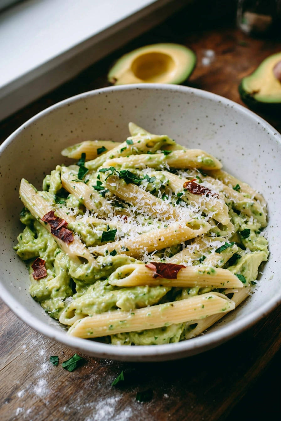 Creamy avocado pasta in a speckled bowl, close-up view showing penne pasta coated in a vibrant green sauce and topped with parmesan and herbs.