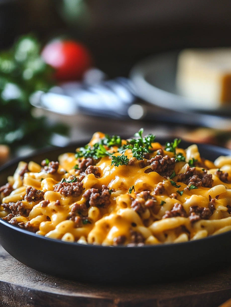 Creamy beef mac in a black bowl, topped with melted cheese and fresh parsley garnish.