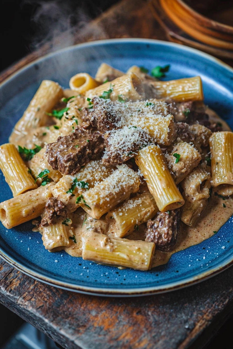 Creamy beef rigatoni in a blue bowl, steaming and topped with grated cheese and fresh parsley.
