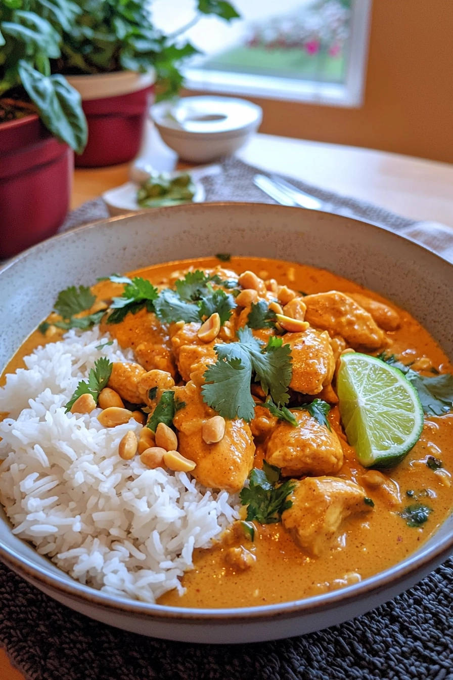 Creamy chicken curry served in a bowl with white rice, garnished with cilantro and peanuts.