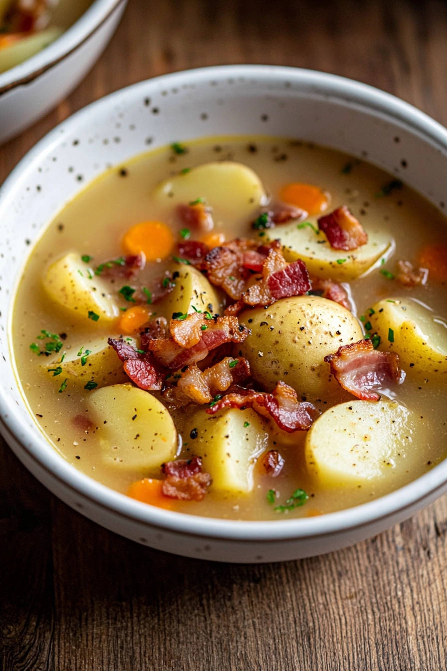 Creamy potato soup with bacon and carrots served in a rustic bowl with a wooden background.