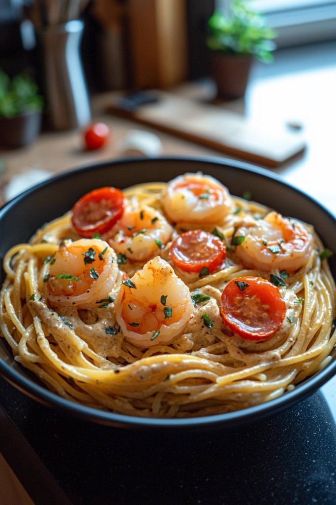 Creamy shrimp pasta recipe with cherry tomatoes and fresh parsley, presented in a black bowl with a close-up view.